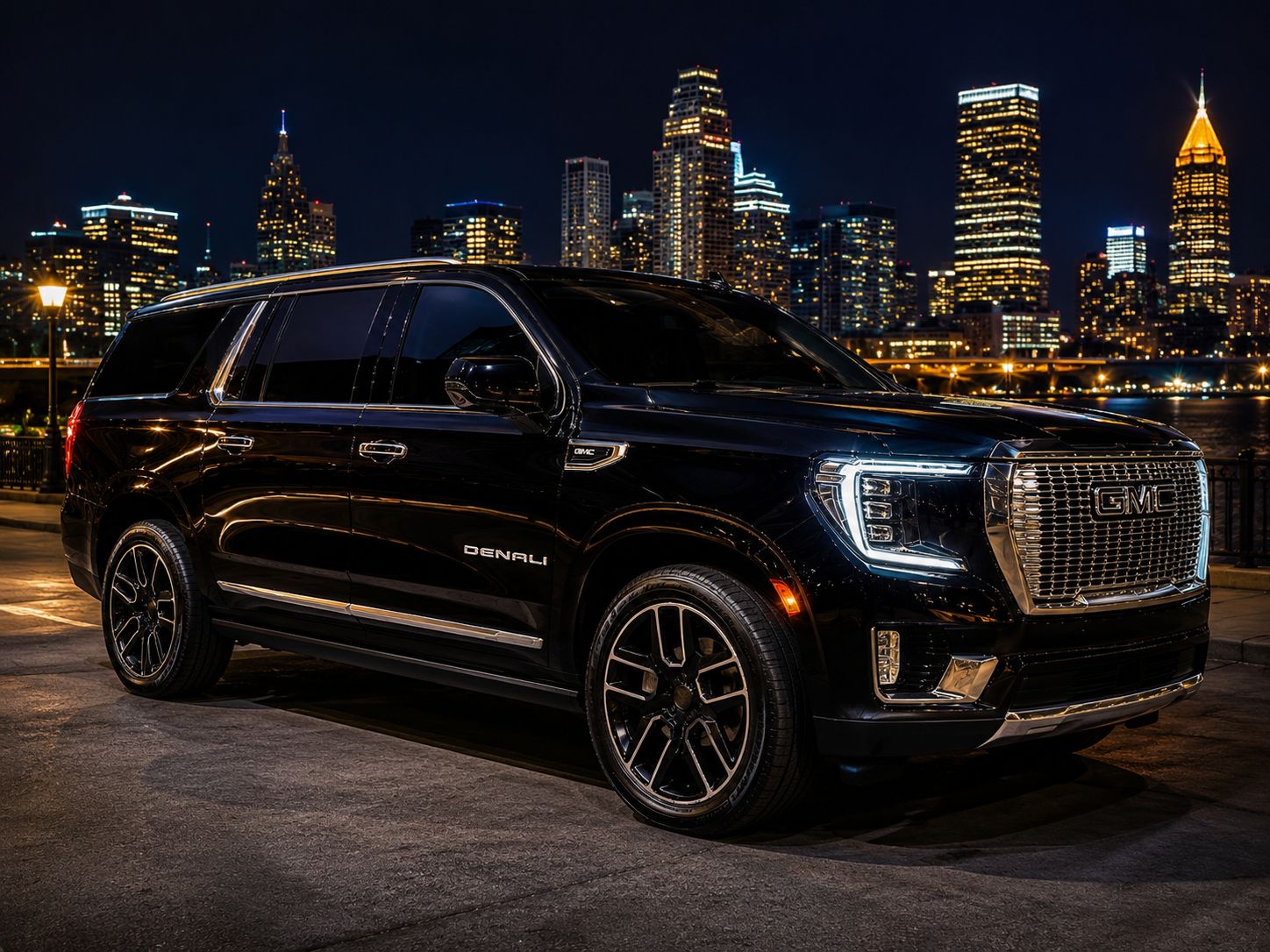 GMC Yukon XL Denali against the Atlanta skyline at night — luxury chauffeur service