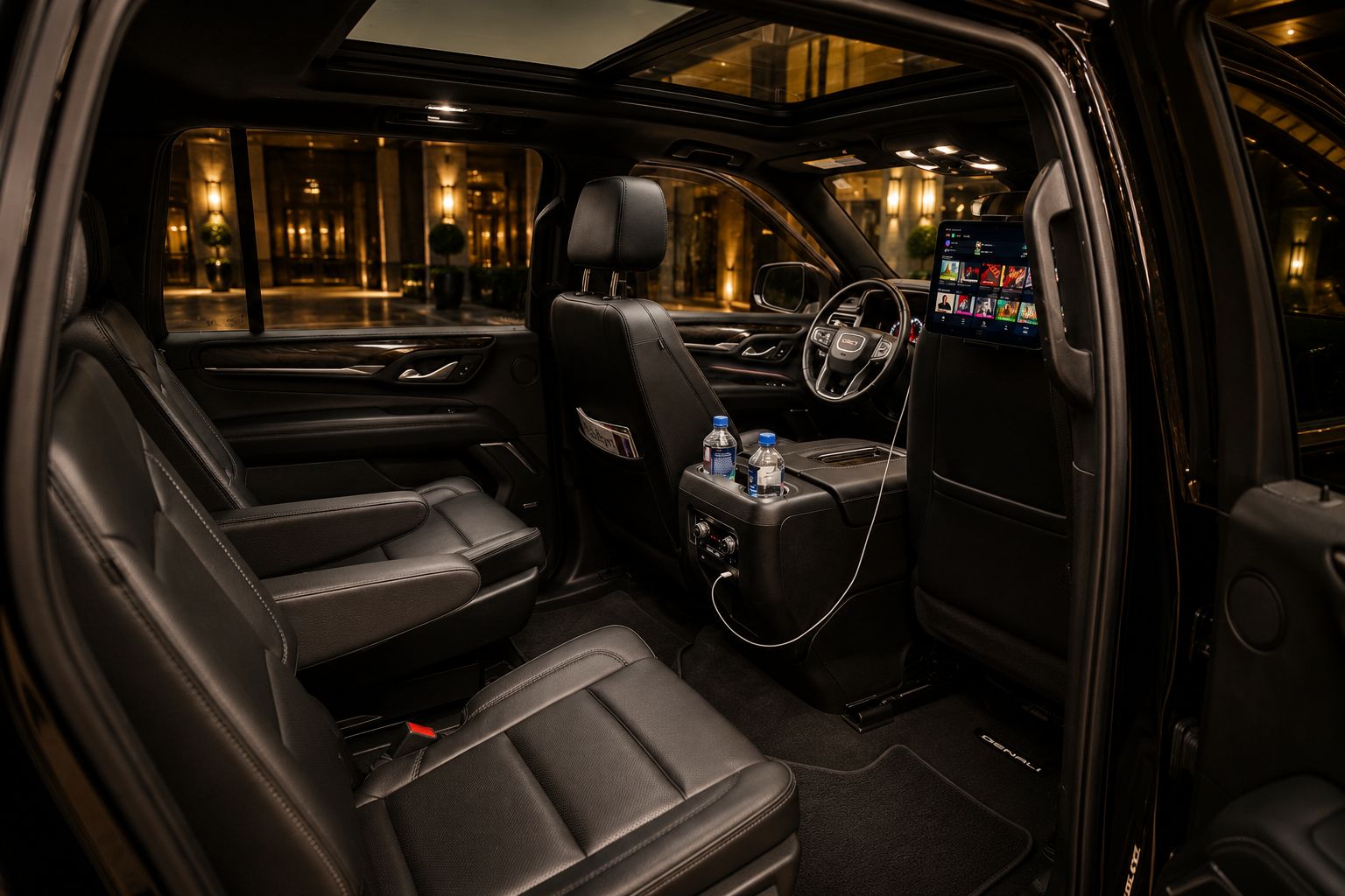 GMC Yukon XL Denali interior — captain's chairs, panoramic sunroof, bottled water and device charging
